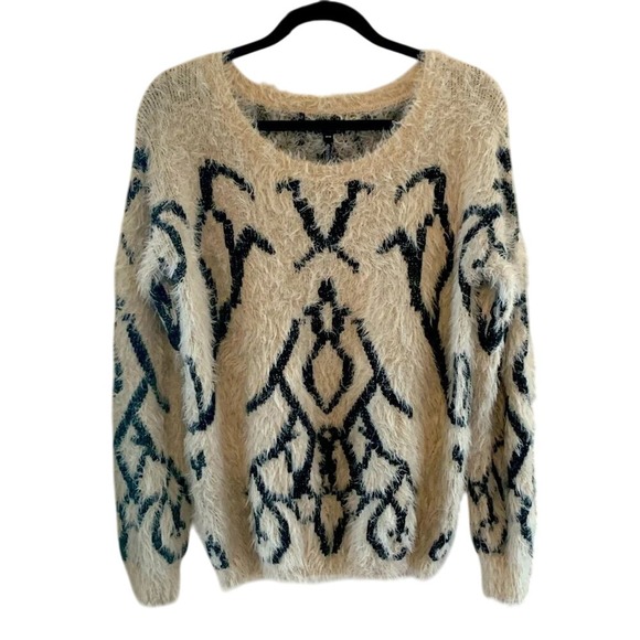 Fuzzy Eyelash Knit Sweater Cream Beige Black Patterned Pullover Top Women's Med - Picture 1 of 8